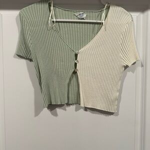Two-Tone Green and Cream Ribbed Women's Top